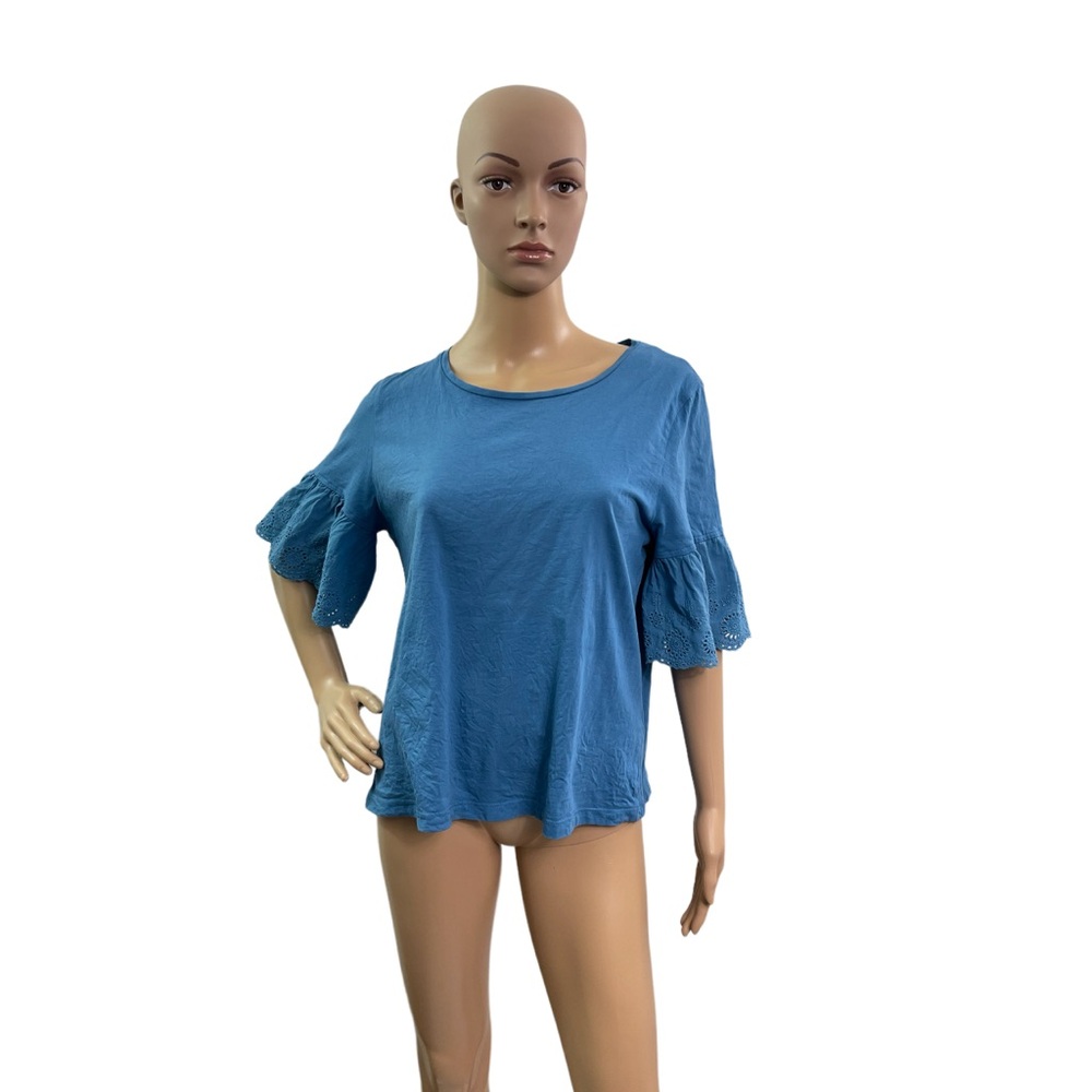 Emme Marella Women’s Size Large Short Ruffle Sleeve  Round Neck Blue Shirt